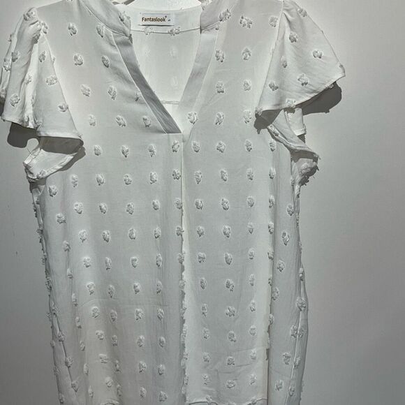 Fantaslook Women's White Swiss Dot V-Neck Flutter Short Sleeve Blouse Size Small - Picture 3 of 9